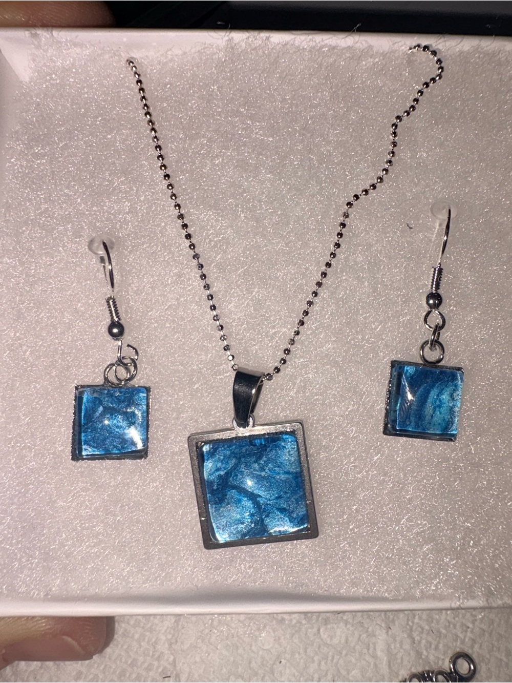 Hand Crafted Shimmering Blue Square Pendant Necklace with Matching Earrings